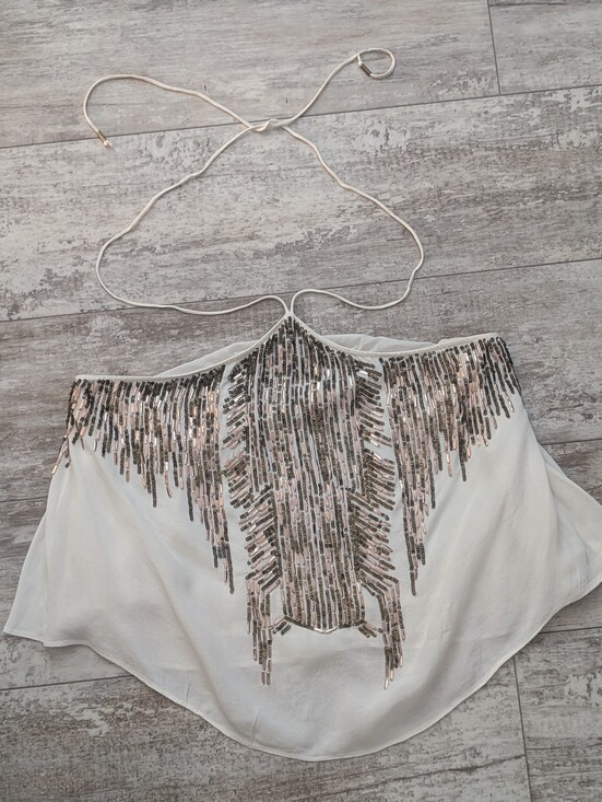 Free People Tops - Free People White Halter Crop Top with Silver and Rose-Gold Sequin Fringe